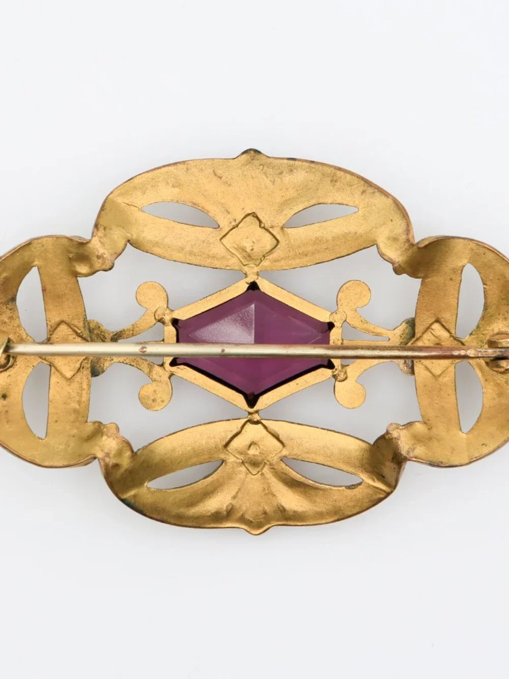 Antique Art Nouveau Brass Openwork Purple Rhinestone‎ Sash Pin 1900s